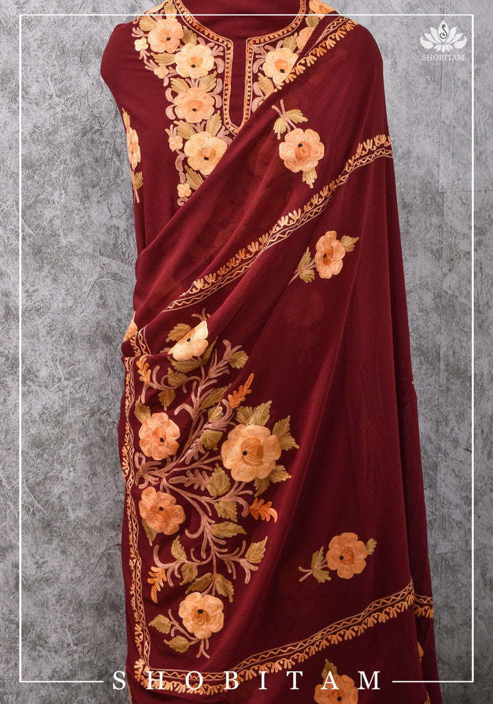 Custom made : Stitched Kashmiri Aari Embroidery Salwar Kameez 3 piece Suit in maroon Georgette