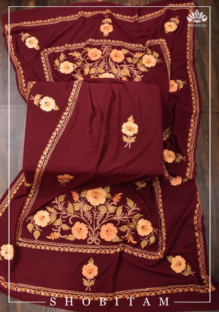 Custom made : Stitched Kashmiri Aari Embroidery Salwar Kameez 3 piece Suit in maroon Georgette