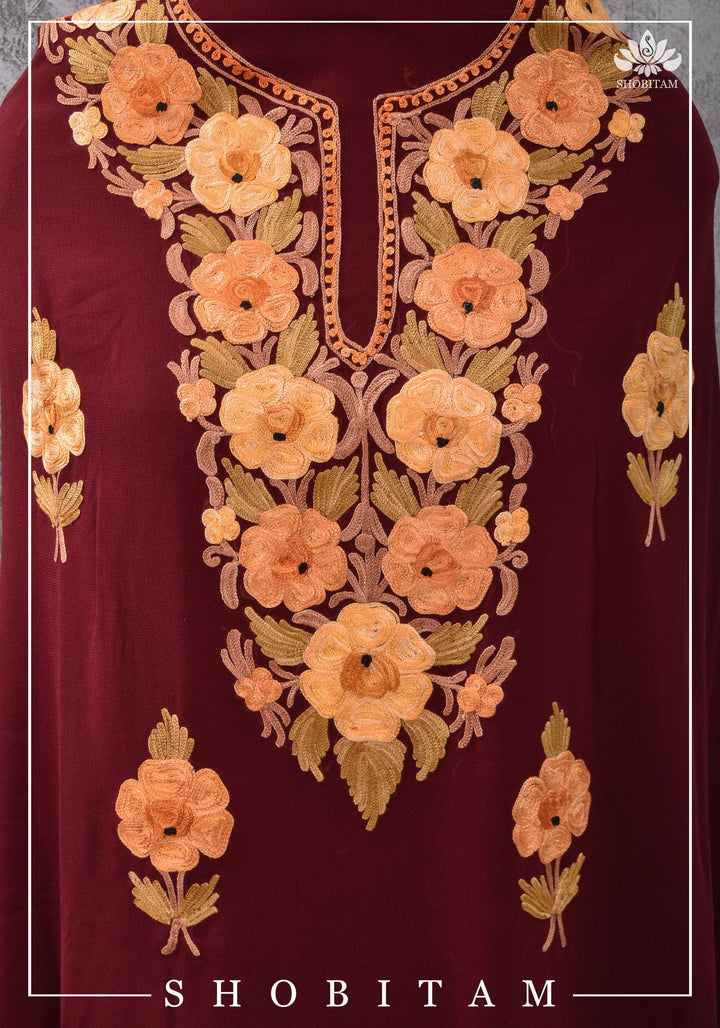 Custom made : Stitched Kashmiri Aari Embroidery Salwar Kameez 3 piece Suit in maroon Georgette