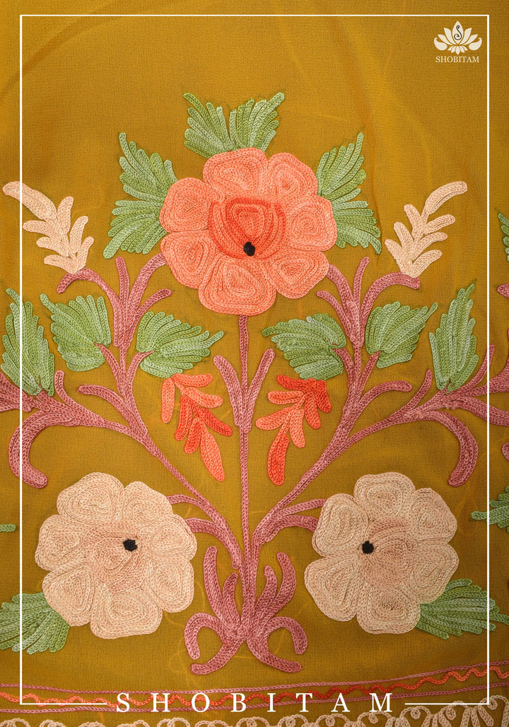 Custom made : Stitched Kashmiri Aari Embroidery Salwar Kameez 3 piece Suit in Pale Mustard Georgette