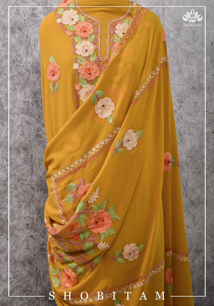 Custom made : Stitched Kashmiri Aari Embroidery Salwar Kameez 3 piece Suit in Pale Mustard Georgette