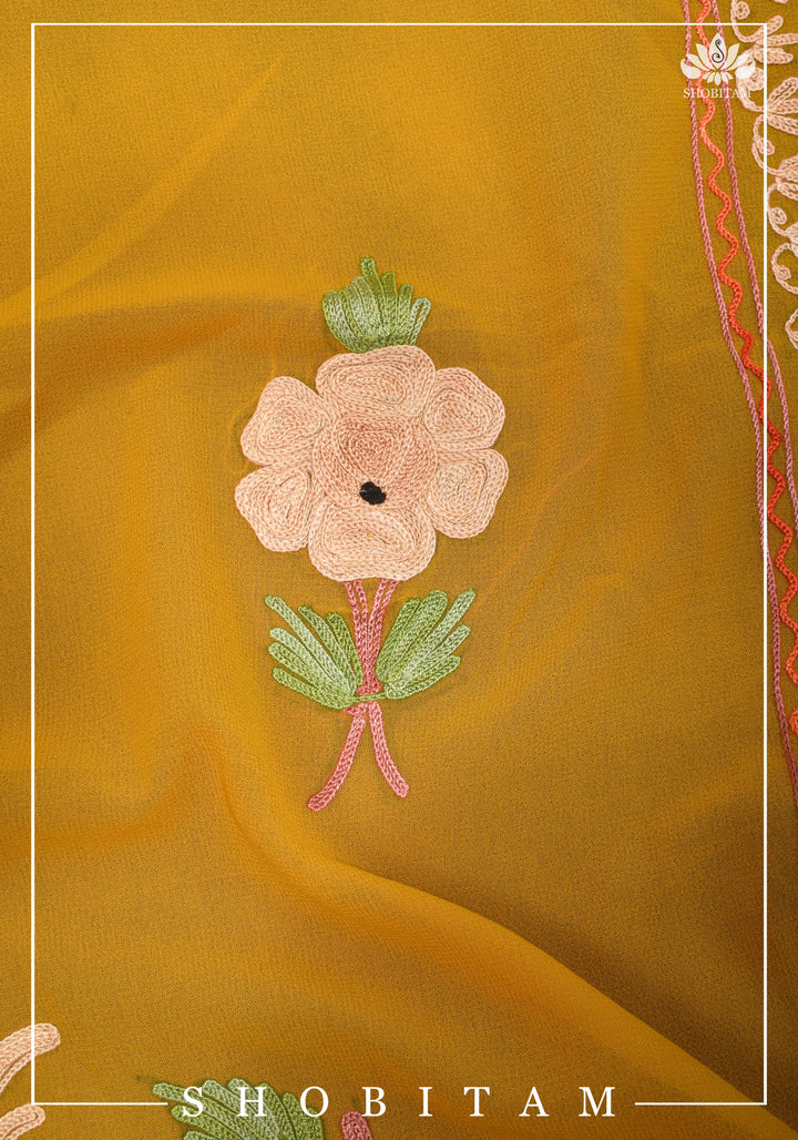 Custom made : Stitched Kashmiri Aari Embroidery Salwar Kameez 3 piece Suit in Pale Mustard Georgette