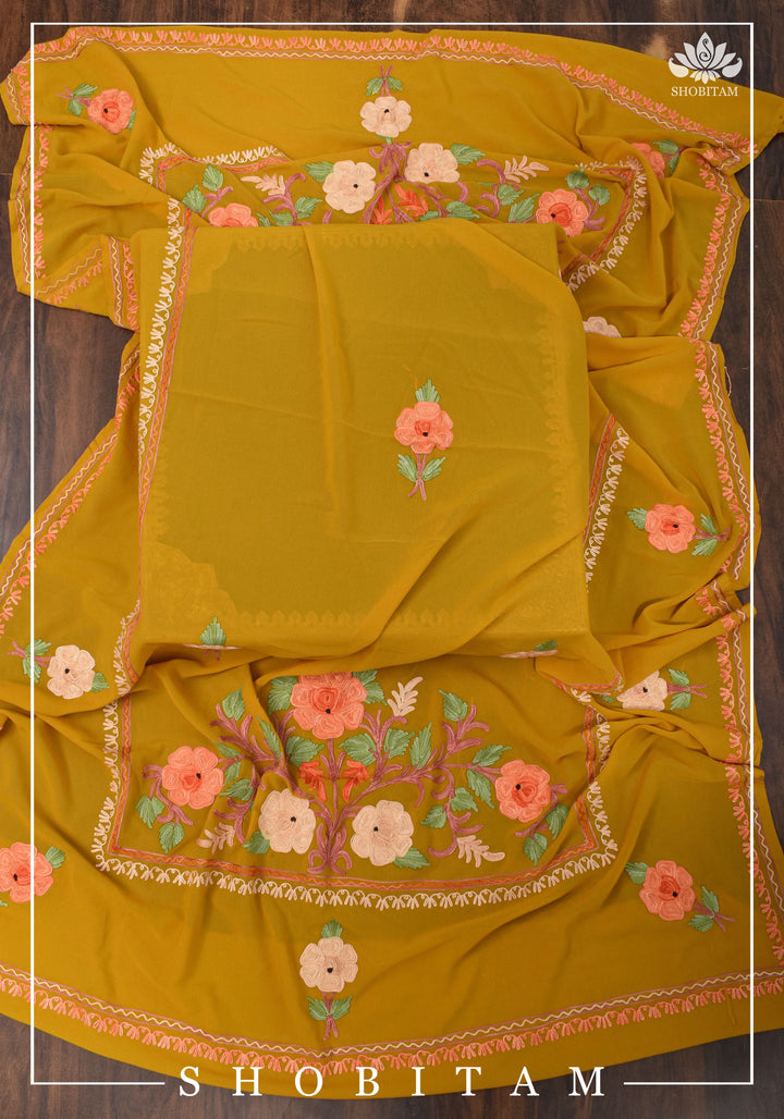 Custom made : Stitched Kashmiri Aari Embroidery Salwar Kameez 3 piece Suit in Pale Mustard Georgette
