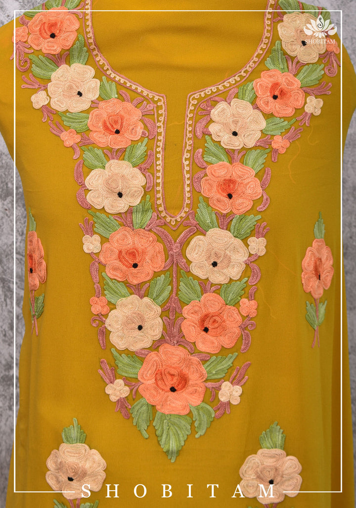 Custom made : Stitched Kashmiri Aari Embroidery Salwar Kameez 3 piece Suit in Pale Mustard Georgette