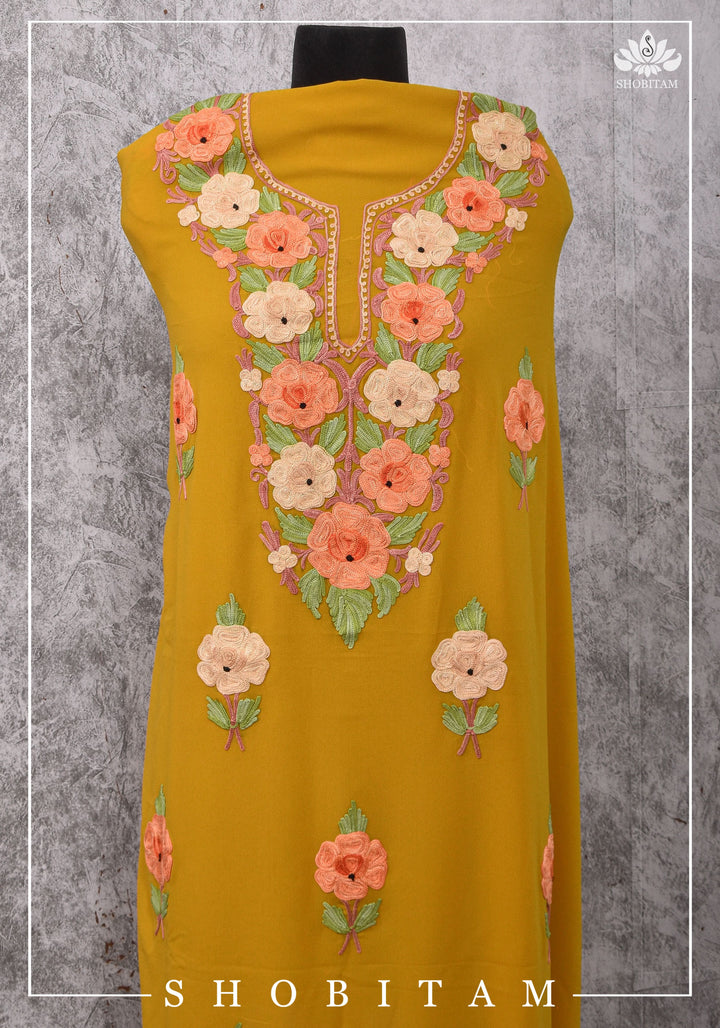 Custom made : Stitched Kashmiri Aari Embroidery Salwar Kameez 3 piece Suit in Pale Mustard Georgette