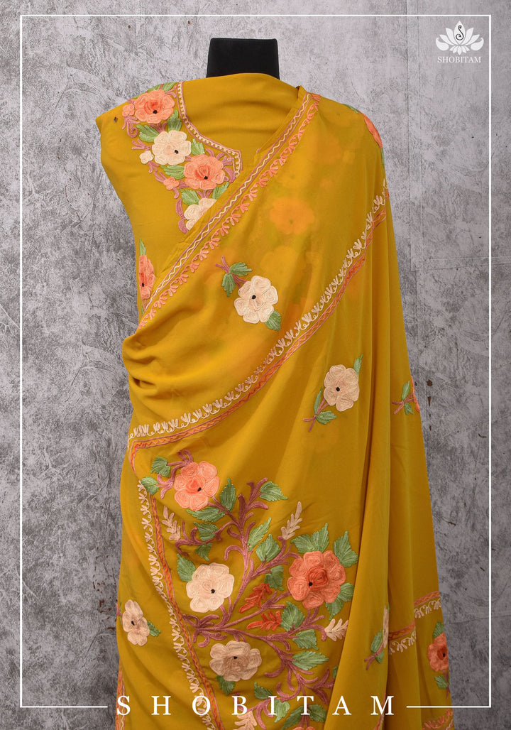 Custom made : Stitched Kashmiri Aari Embroidery Salwar Kameez 3 piece Suit in Pale Mustard Georgette