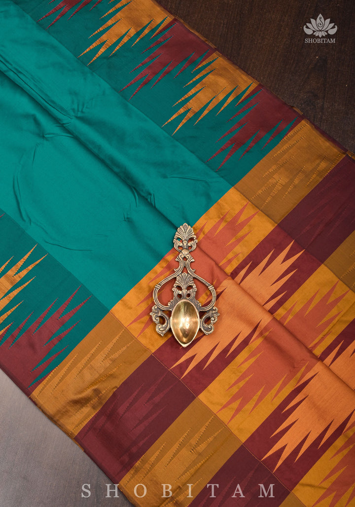 Two tone, Two side Temple Border on Rama Green Art Silk Saree