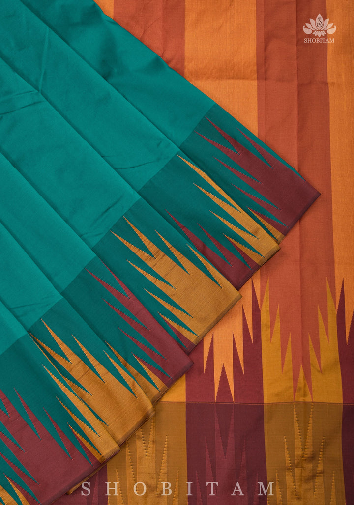 Two tone, Two side Temple Border on Rama Green Art Silk Saree