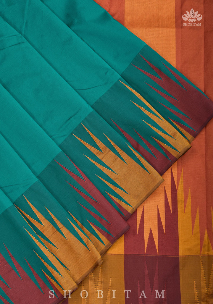 Two tone, Two side Temple Border on Rama Green Art Silk Saree