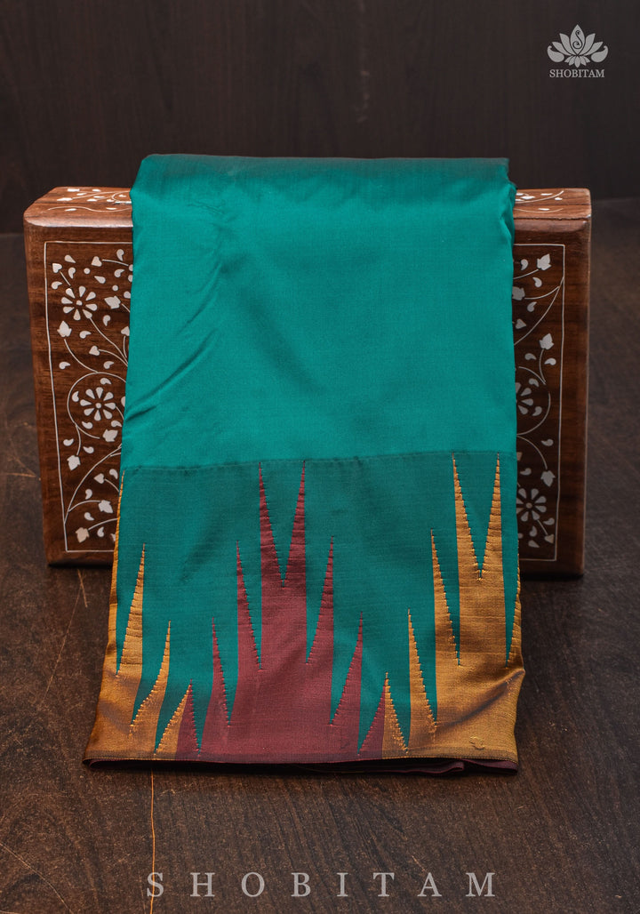 Two tone, Two side Temple Border on Rama Green Art Silk Saree