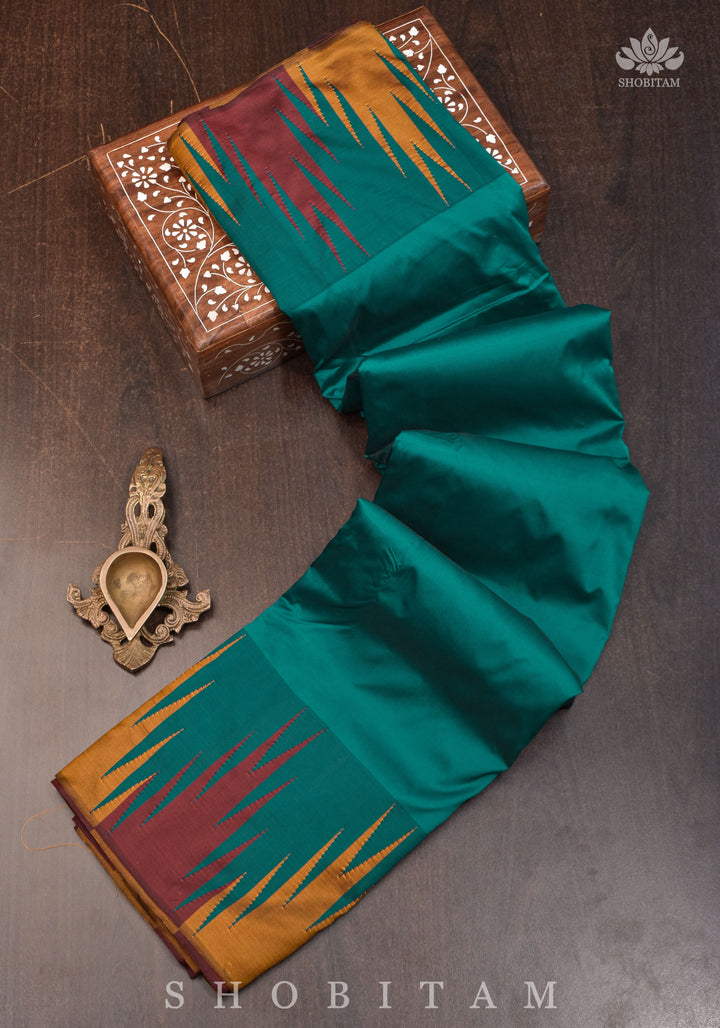 Two tone, Two side Temple Border on Rama Green Art Silk Saree