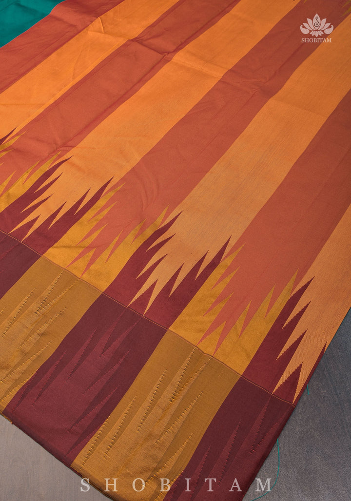 Two tone, Two side Temple Border on Rama Green Art Silk Saree