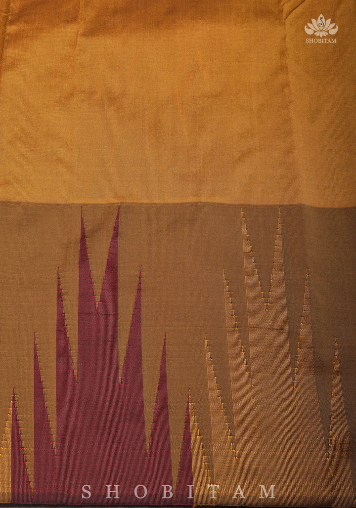 Two tone, Two side Temple Border on Rama Green Art Silk Saree