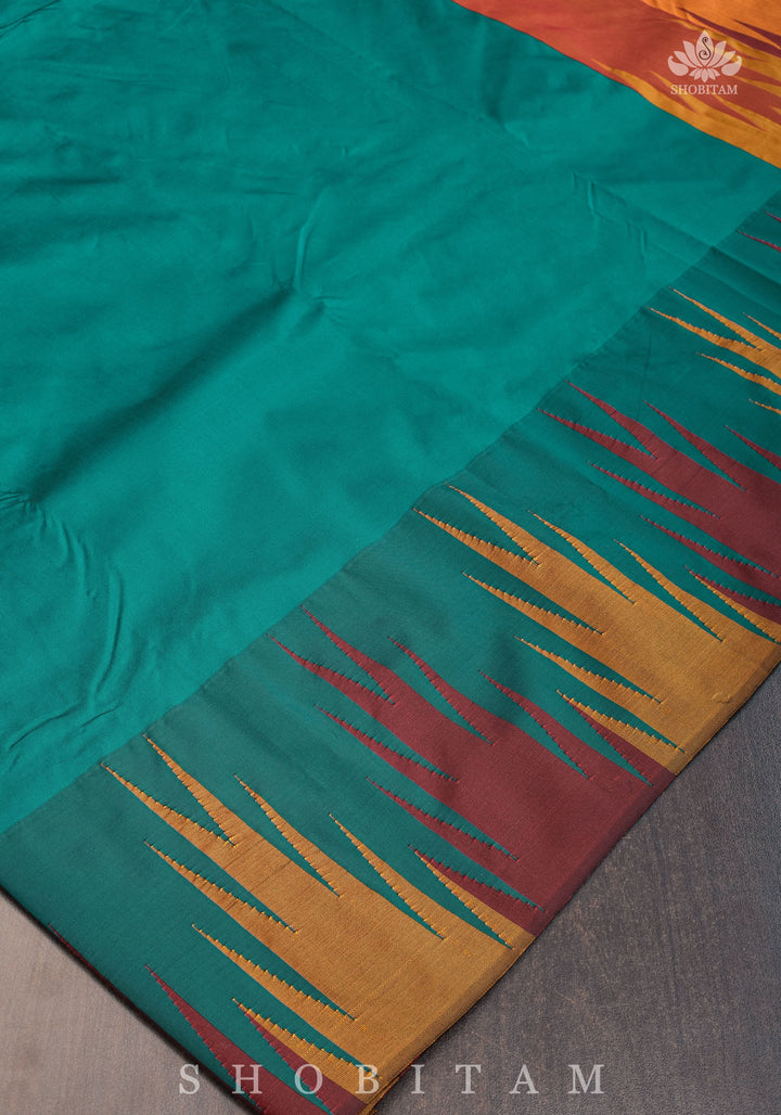 Two tone, Two side Temple Border on Rama Green Art Silk Saree