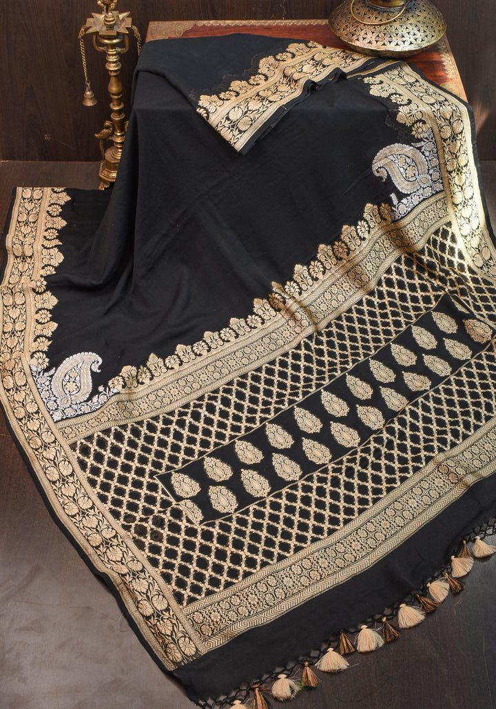 Pure Khaddi Silk Chiffon Banarasi Saree in Black with Sona Rupa Koniya  | SILK MARK CERTIFIED