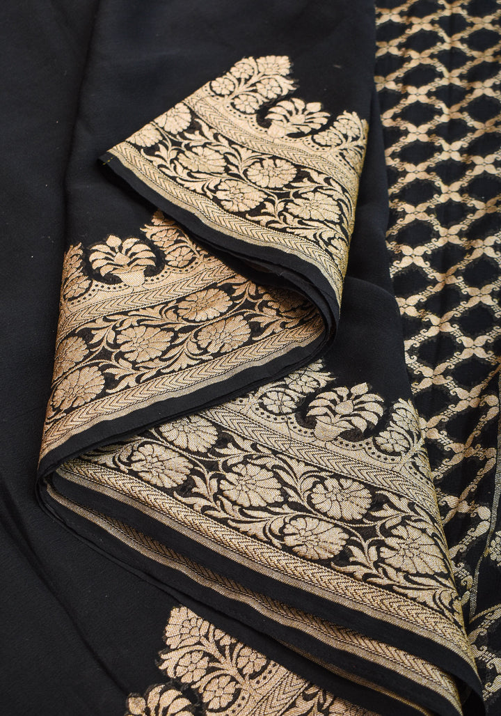 Pure Khaddi Silk Chiffon Banarasi Saree in Black with Sona Rupa Koniya  | SILK MARK CERTIFIED