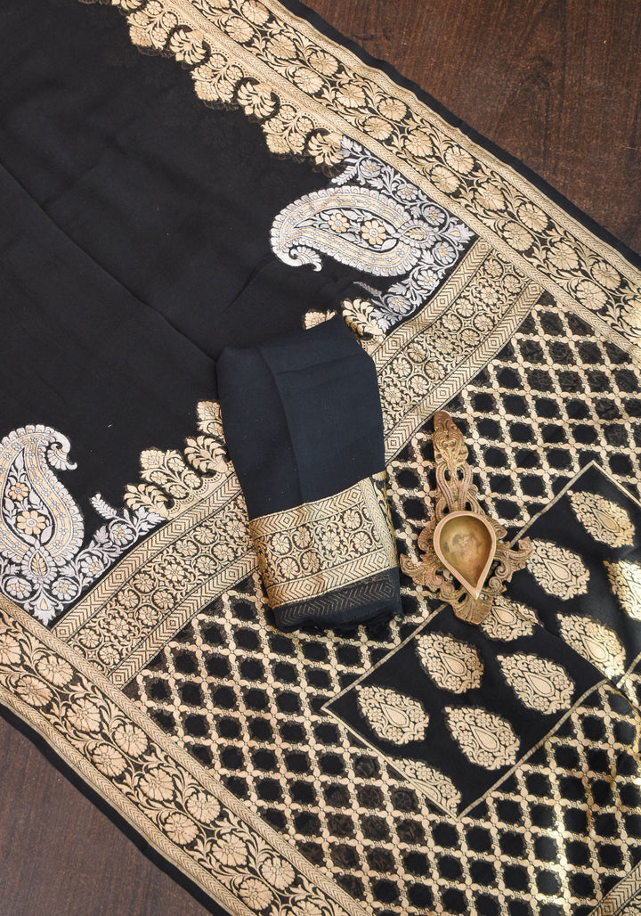 Pure Khaddi Silk Chiffon Banarasi Saree in Black with Sona Rupa Koniya  | SILK MARK CERTIFIED