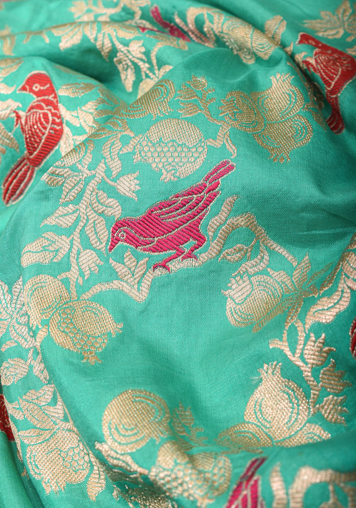 Aqua Green Shades-Exquisite Banarasi Katan Silk Saree with Birds on Pomegranate Branches Meenakari Jaal | SILK MARK CERTFIED