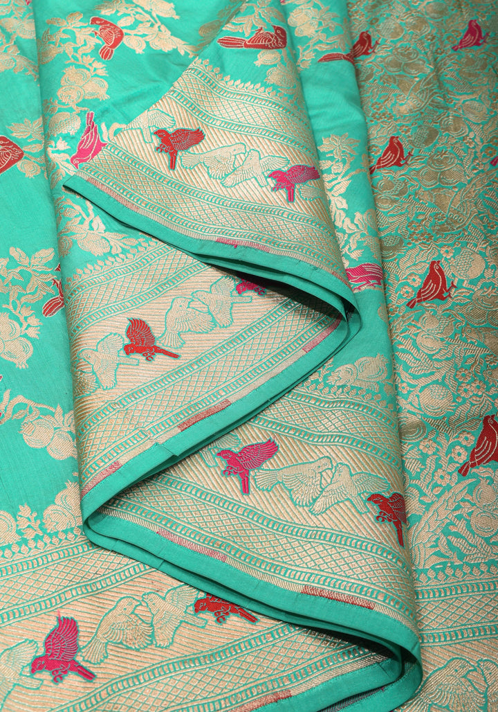 Aqua Green Shades-Exquisite Banarasi Katan Silk Saree with Birds on Pomegranate Branches Meenakari Jaal | SILK MARK CERTFIED