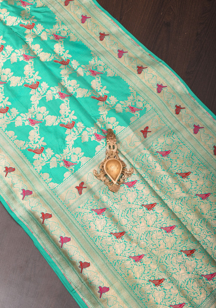 Aqua Green Shades-Exquisite Banarasi Katan Silk Saree with Birds on Pomegranate Branches Meenakari Jaal | SILK MARK CERTFIED