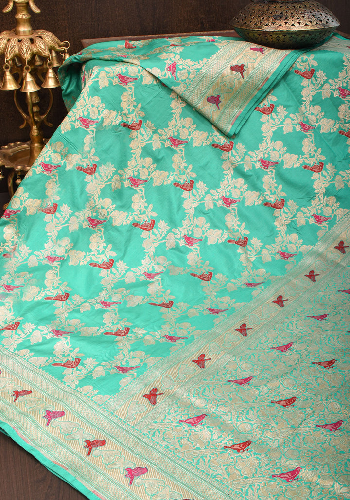 Aqua Green Shades-Exquisite Banarasi Katan Silk Saree with Birds on Pomegranate Branches Meenakari Jaal | SILK MARK CERTFIED