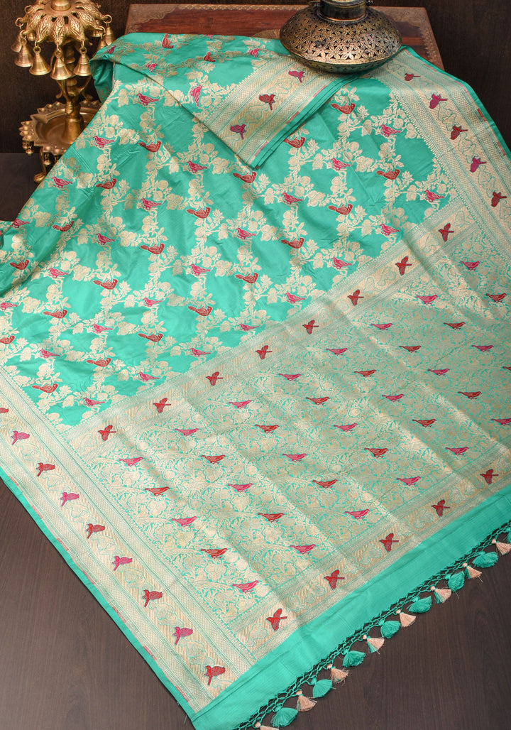 Aqua Green Shades-Exquisite Banarasi Katan Silk Saree with Birds on Pomegranate Branches Meenakari Jaal | SILK MARK CERTFIED