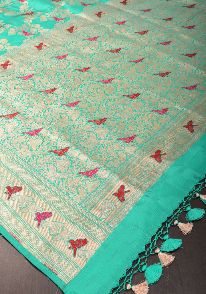 Aqua Green Shades-Exquisite Banarasi Katan Silk Saree with Birds on Pomegranate Branches Meenakari Jaal | SILK MARK CERTFIED