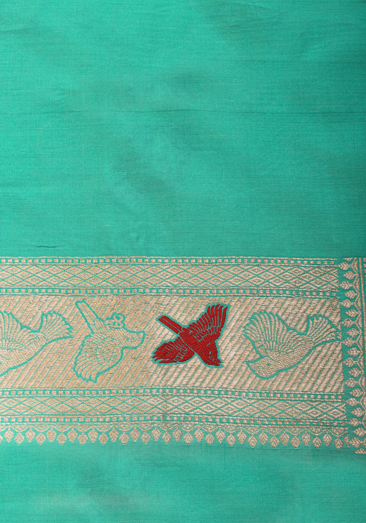 Aqua Green Shades-Exquisite Banarasi Katan Silk Saree with Birds on Pomegranate Branches Meenakari Jaal | SILK MARK CERTFIED