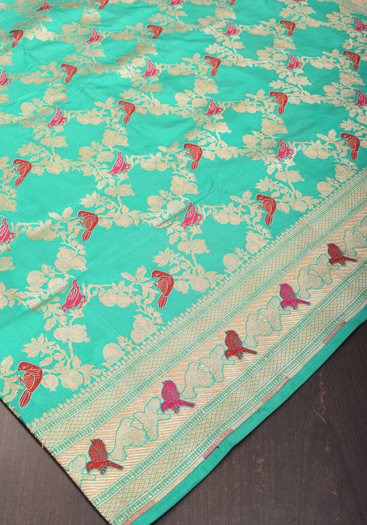 Aqua Green Shades-Exquisite Banarasi Katan Silk Saree with Birds on Pomegranate Branches Meenakari Jaal | SILK MARK CERTFIED