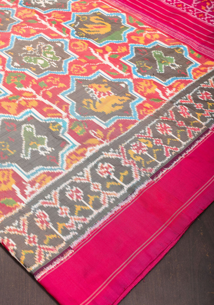 Red and Pink Pure Silk Ikkat Handwoven Saree with Intricate weave | SILK MARK CERTIFIED