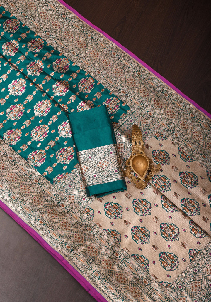 Rama Green Intricate Banarasi Katan silk saree with Meenakari Jaal  | SILK MARK CERTIFIED
