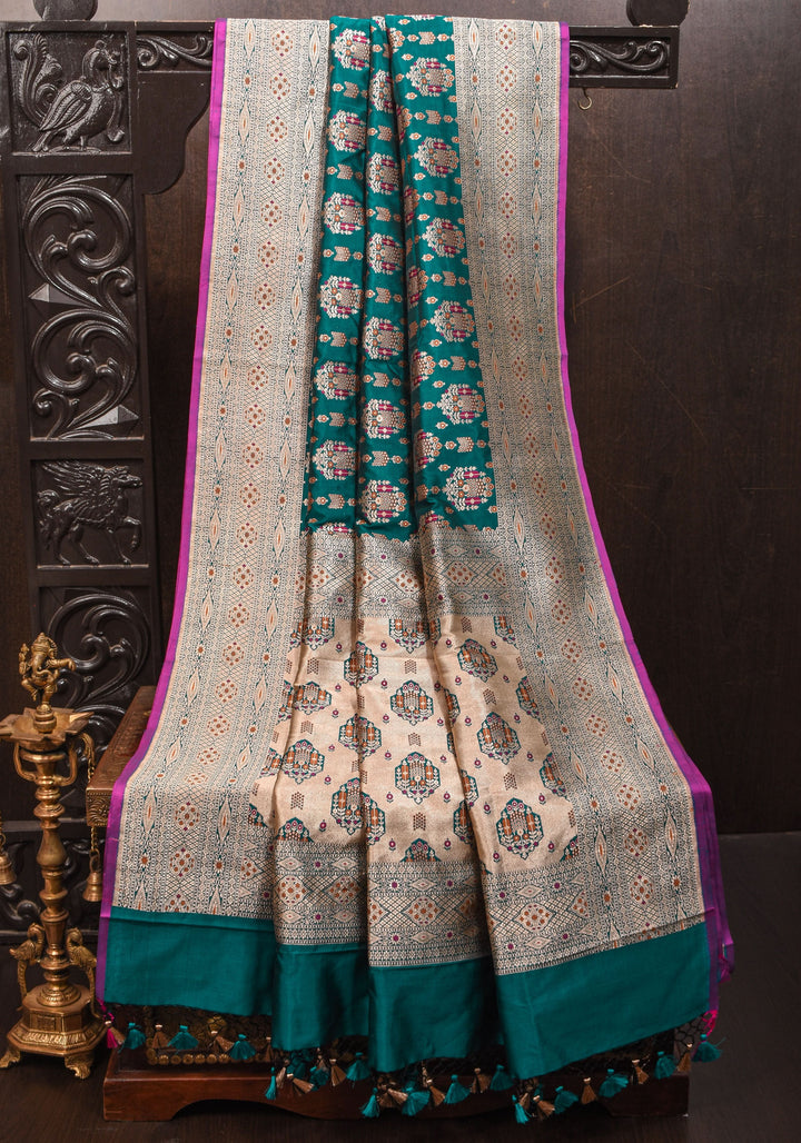 Rama Green Intricate Banarasi Katan silk saree with Meenakari Jaal  | SILK MARK CERTIFIED