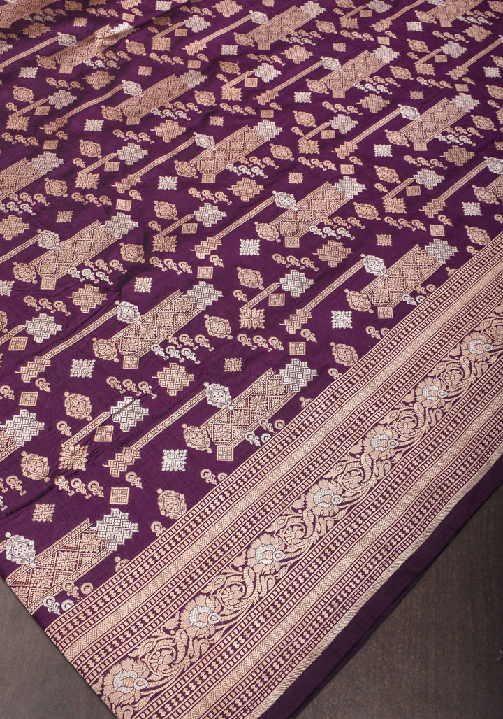 Contemporary Geometric Alfi jaal on Jamuni Purple Banarasi Katan Silk Saree | SILK MARK CERTIFIED