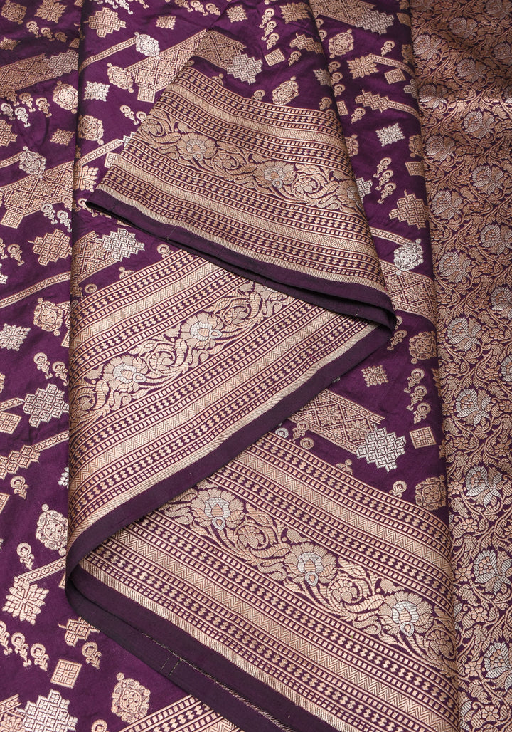 Contemporary Geometric Alfi jaal on Jamuni Purple Banarasi Katan Silk Saree | SILK MARK CERTIFIED