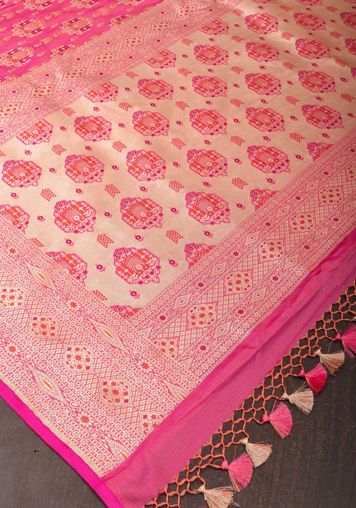 Strawberry dual tone Intricate Banarasi Katan silk saree with Meenakari Jaal  | SILK MARK CERTIFIED