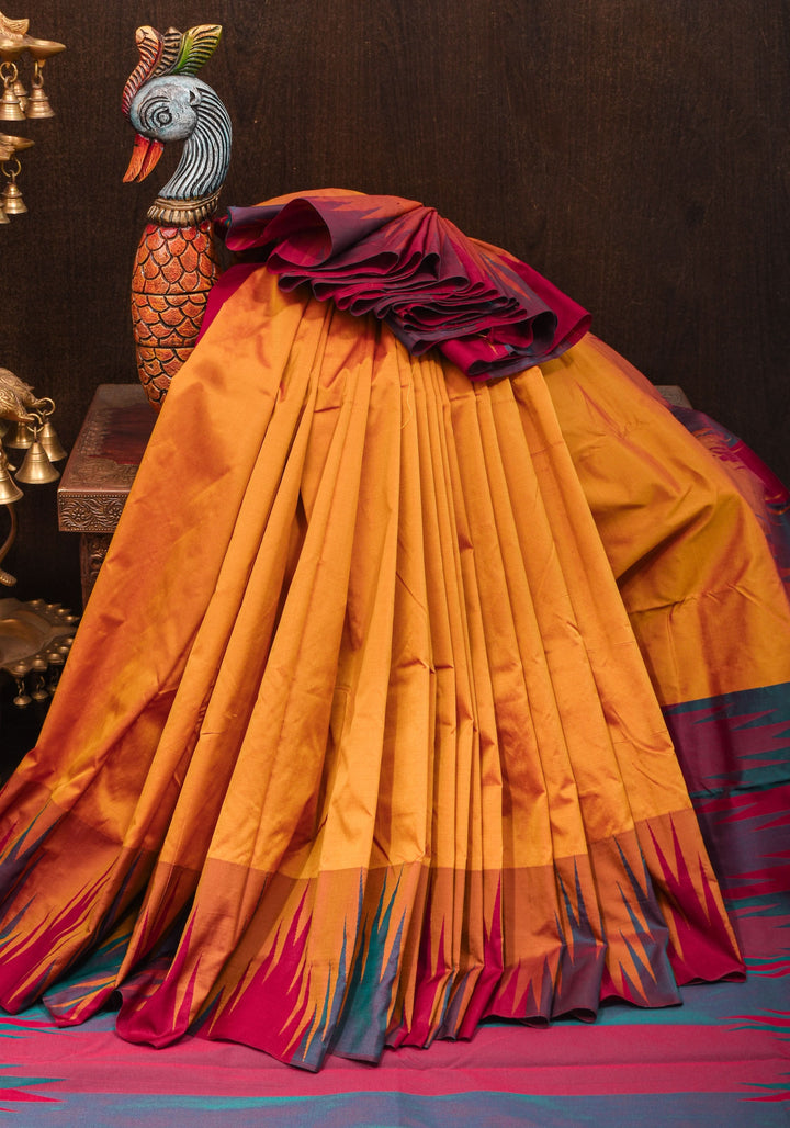 Pale Mustard Yellow Tone and Two Color Temple Border on Art Silk Saree With Double color Indian kotki design Pallu