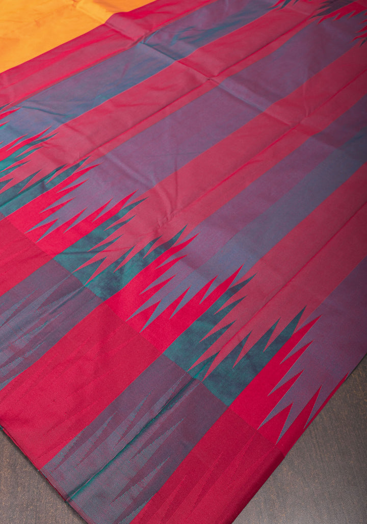 Pale Mustard Yellow Tone and Two Color Temple Border on Art Silk Saree With Double color Indian kotki design Pallu