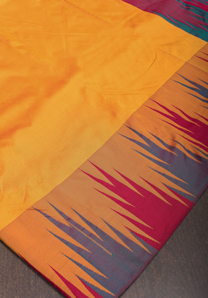 Pale Mustard Yellow Tone and Two Color Temple Border on Art Silk Saree With Double color Indian kotki design Pallu