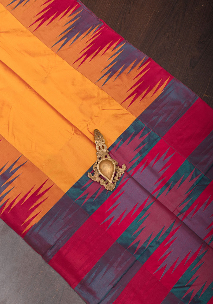 Pale Mustard Yellow Tone and Two Color Temple Border on Art Silk Saree With Double color Indian kotki design Pallu