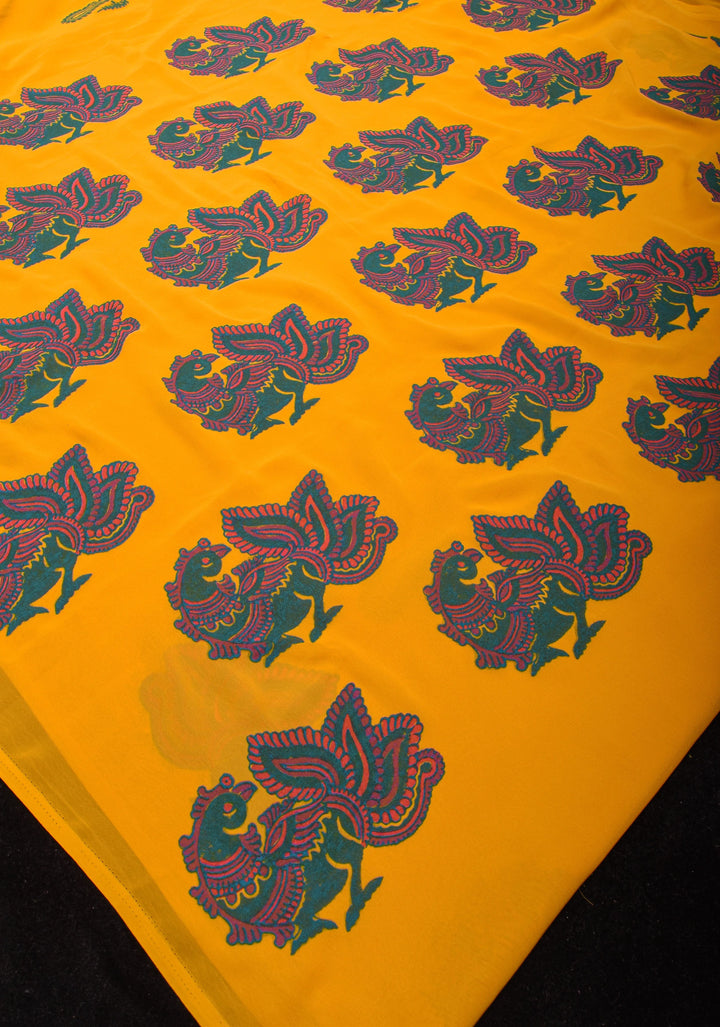 Mustard Georgette Saree with Sanganeri Hand Block Peacock and paisley Prints