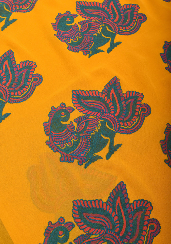Mustard Georgette Saree with Sanganeri Hand Block Peacock and paisley Prints