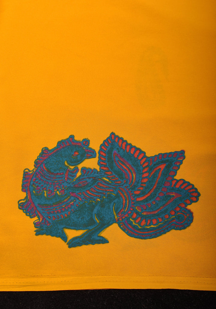 Mustard Georgette Saree with Sanganeri Hand Block Peacock and paisley Prints