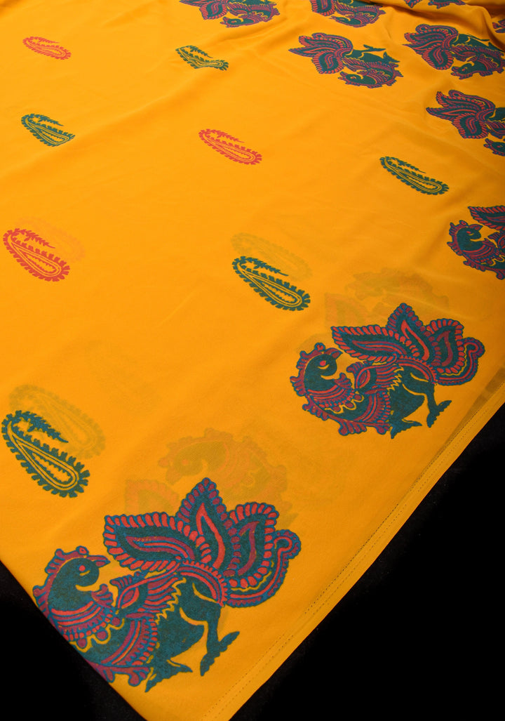 Mustard Georgette Saree with Sanganeri Hand Block Peacock and paisley Prints
