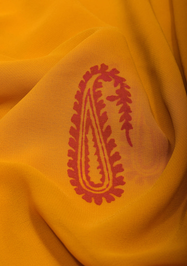 Mustard Georgette Saree with Sanganeri Hand Block Peacock and paisley Prints