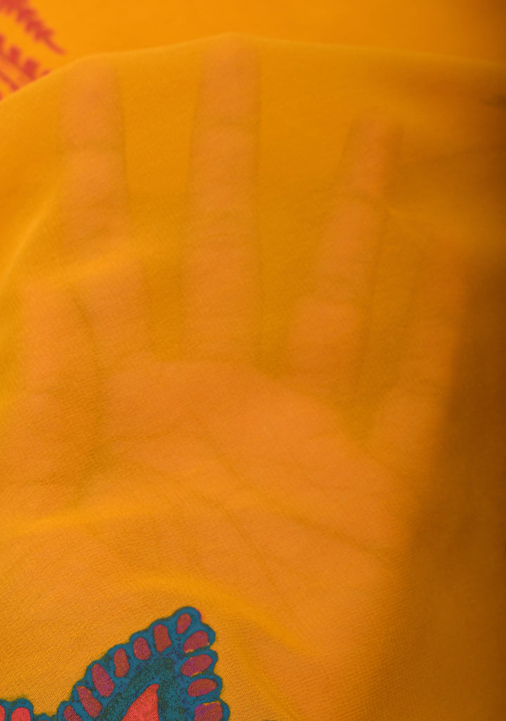 Mustard Georgette Saree with Sanganeri Hand Block Peacock and paisley Prints