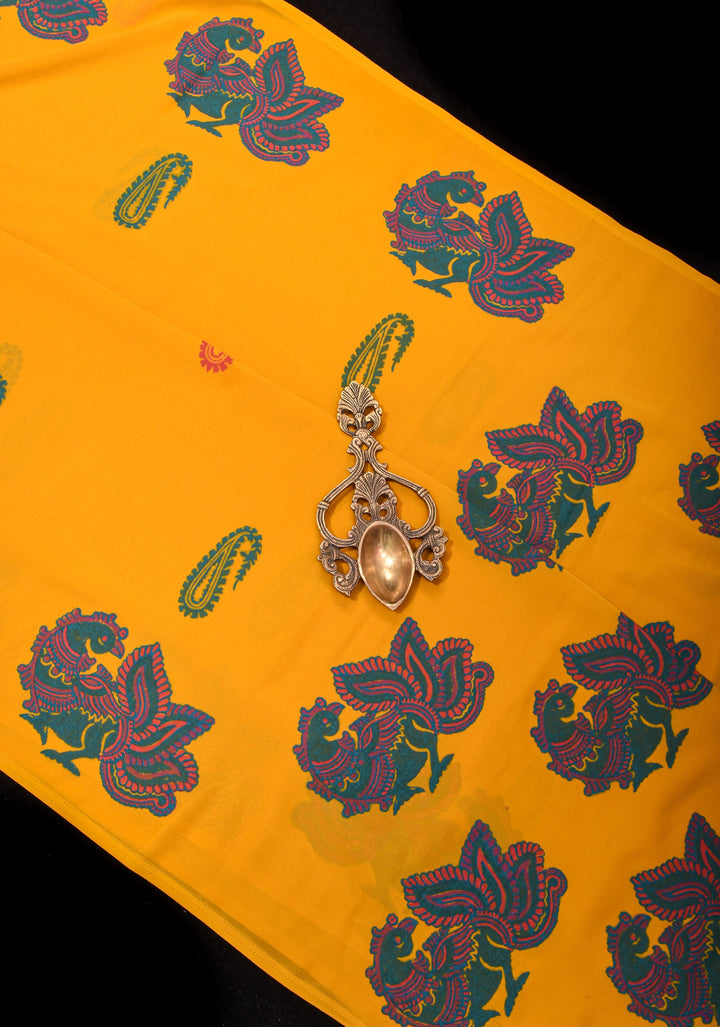 Mustard Georgette Saree with Sanganeri Hand Block Peacock and paisley Prints