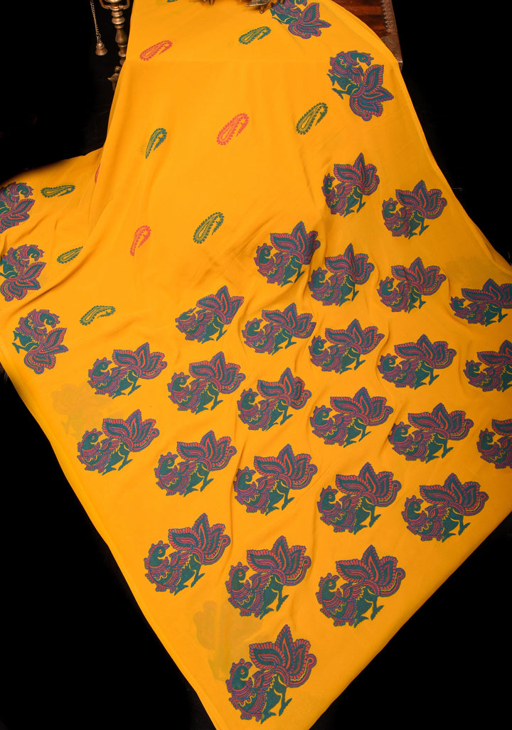 Mustard Georgette Saree with Sanganeri Hand Block Peacock and paisley Prints