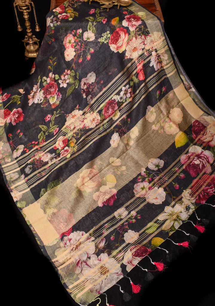 Black Silk Linen Saree with Rose Blomming Digital Print and Woven Zari Borders