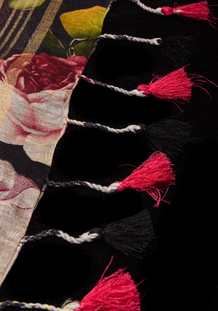 Black Silk Linen Saree with Rose Blomming Digital Print and Woven Zari Borders