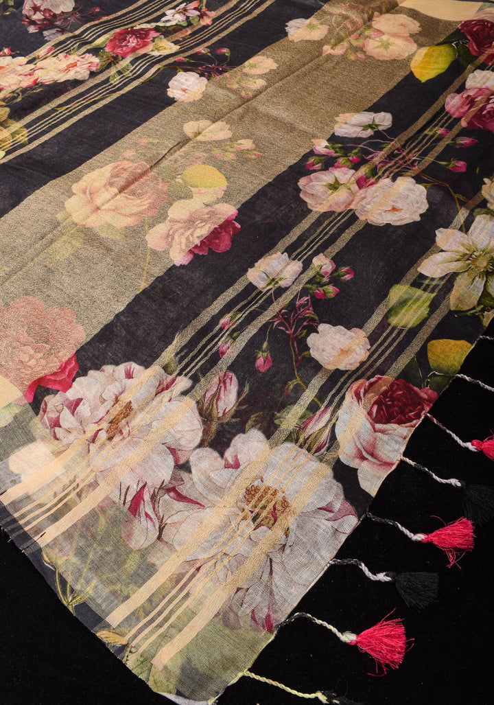 Black Silk Linen Saree with Rose Blomming Digital Print and Woven Zari Borders